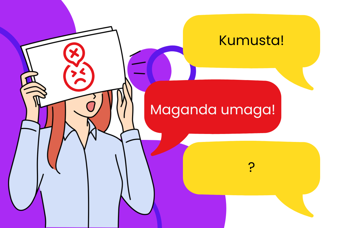 First speech bubble saying "Kumusta!" Second speech bubble replies "Maganda umaga" Third speech bubble replies "?"